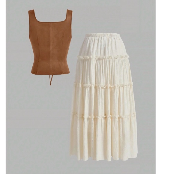 Boho Vegan Suede lace up Tank Top Maxi Skirt Set - Picture 2 of 6